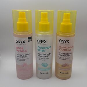 3 Onyx Professional Hydrating Body Shimmer Mists Rose Coconut Sandalwood Vanilla
